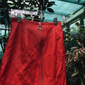 Red Leather Ring Zip Up Skirt